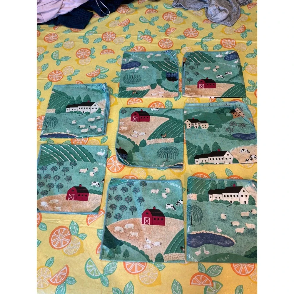 Unbranded Farmhouse Napkins Set of 8 OS Teal Blue Folk Art Barn Scene